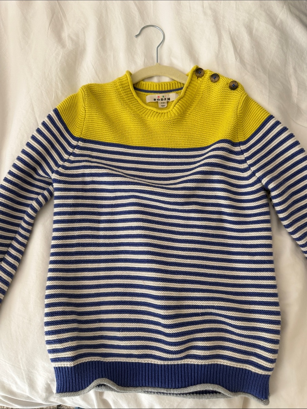 Mini Boden Yellow and Navy Striped Knit Sweater with Button Shoulder
